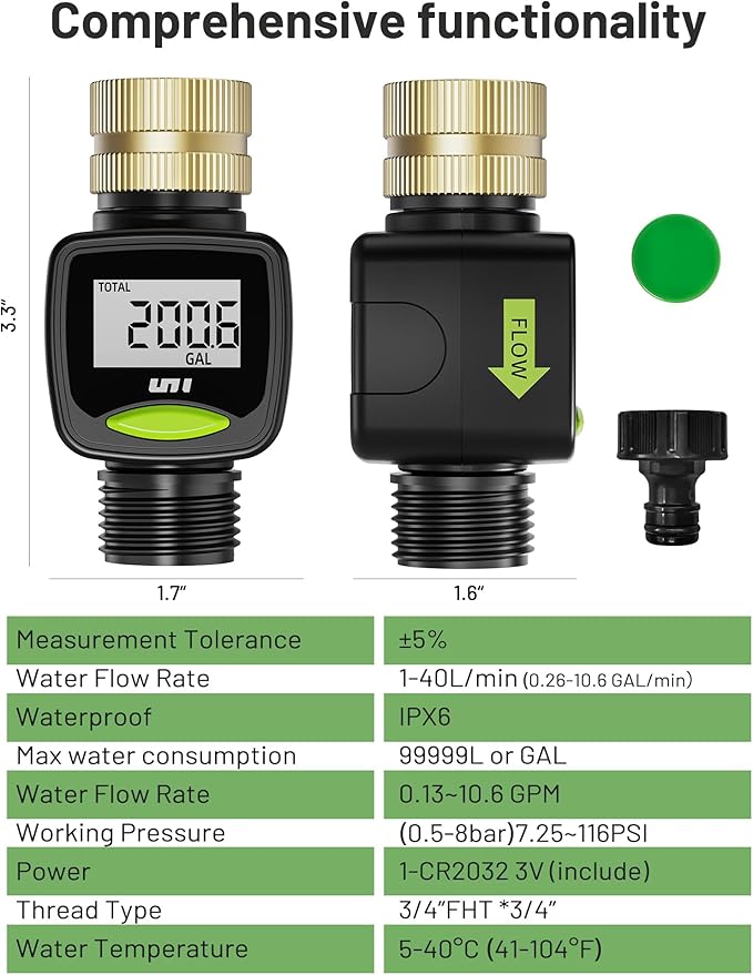 Unistyle Water Flow Meter with Brass Inlet Metal Thread, ±5% Measure Accuracy, RV Water Tank Filling, Measure Gallon/Liter Flow Rate Outdoor Garden Hose Watering, Lawn Sprinkler Nozzle Sprayer 2 Pack