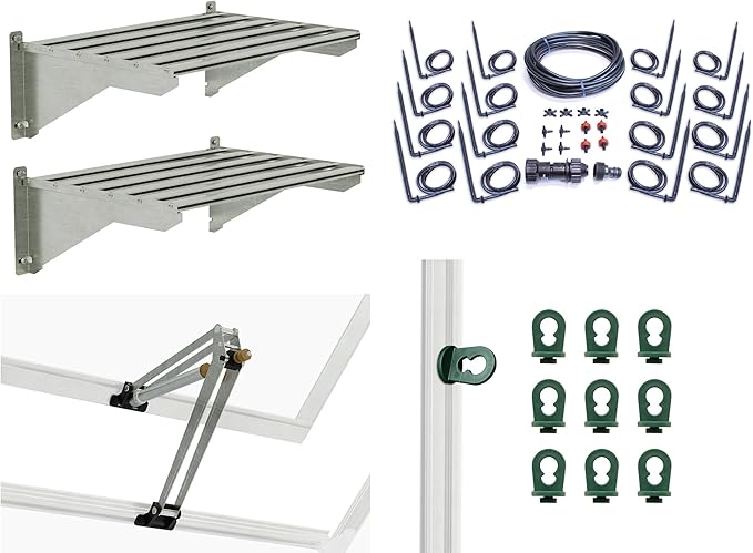 Palram - Canopia Greenhouse Accessories Bundle Kit with Heavy Duty Aluminum Shelves, Drip Irrigation Lines, Automatic Vent Opener to Control Temperature and Plant Hangers for Vines and Hanging Baskets