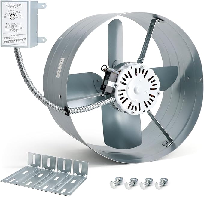 Gable Vent Attic Fan, 15" Exhaust Ventilation Fan with Adjustable Thermostat for Gable, Shed, Home, Garages, 1650 CFM, 1075 RPM, 2500 SQ. FT. Attic Ventilator (1650CFM)