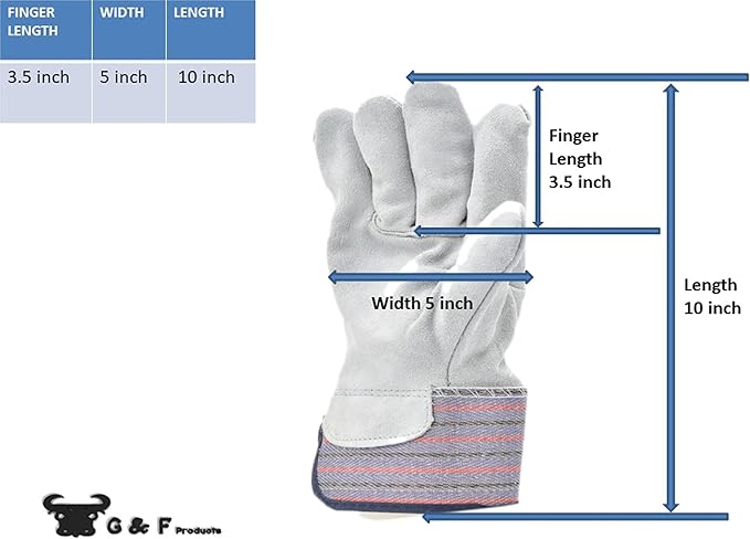 G & F PRODUCTS Cowhide Leather Work Gloves with Suede Finish Palm rubberized safety cuff,(Pack of 60)