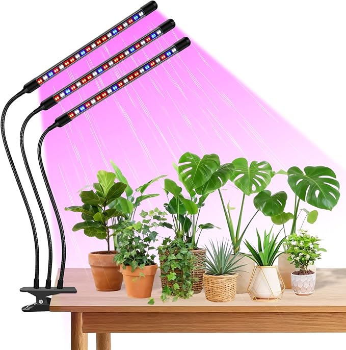 SDOVUERC Tri-Head Clip Grow Light for Indoor Plants, Full Spectrum with 6/12/18H Timer, 5 Dimmable Levels, 3 Spectrum Modes & 360° Gooseneck for Seedlings, Houseplants, Succulents