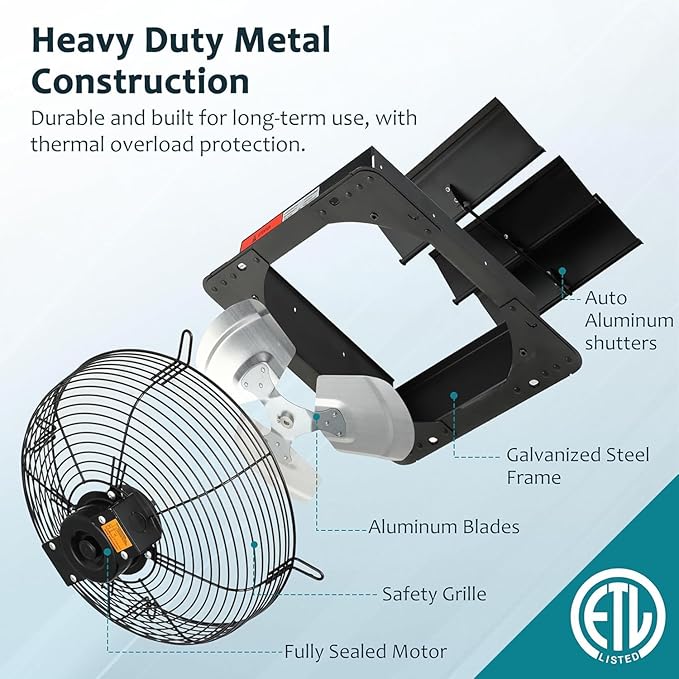 Xcity 12" Shutter Exhaust Fan with 3 ft Power Cord, High Speed AC Motor, 1597 CFM, 1650 RPM, Wall Mount Ventilation Fan with Automatic Gravity Louvers, for Garage, Shed, Greenhouse, Attic, Waterproof