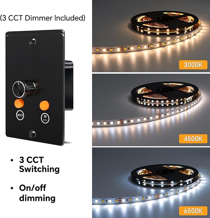 3CCT Flexible 16.4ft LED Strip Light with 12V CCT Switchable Dimmer Kit for Camper Vans, Trucks & Trailers Indoor. CCT Changeable(3000K/4500K/6000K) & Brightness Control DC12V, 10A