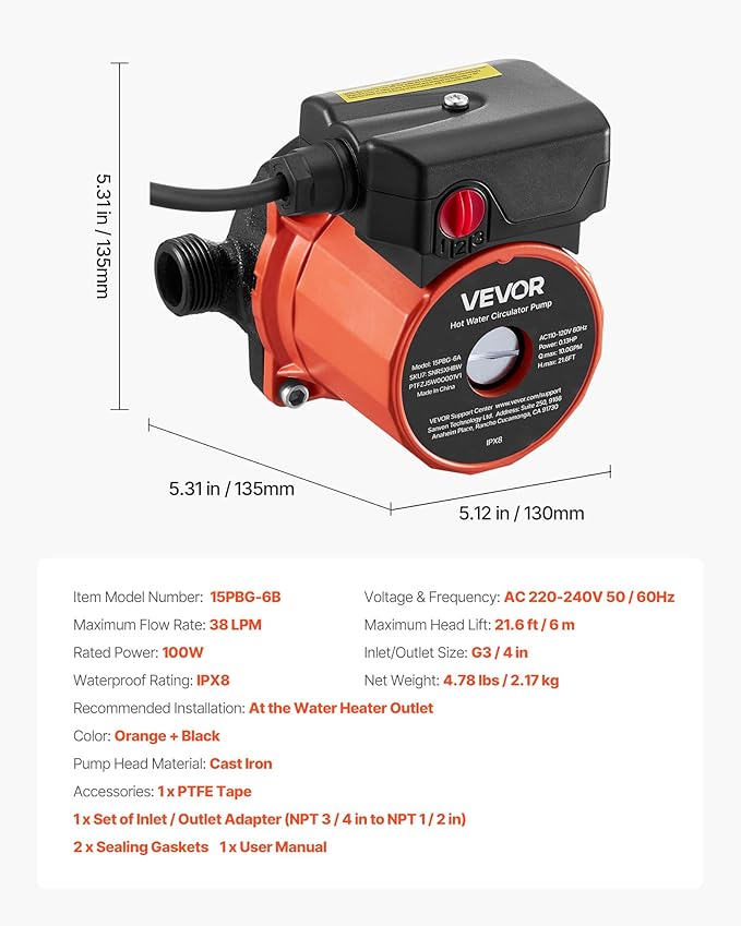 VEVOR Hot Water Recirculating Pump, 10 GPM, Instant Circulation Circulator Pump System, 3-Speed Control, 0.13 HP, 110-120V, NPT 3/4 in to NPT 1/2 in Adapter, Cast Iron Head, for Water Heater System