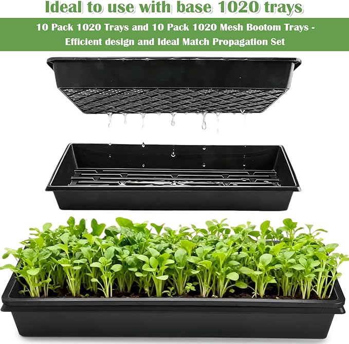 RooTrimmer 10 Pack 1020 Trays and 10 Pack 1020 Mesh Bootom Trays, 20'' x 10'', Heavy Duty Propagation Flats for Microgreens, Seed Starting, Soil Blocks, Hydroponics & Wheatgrass (10 Sets)