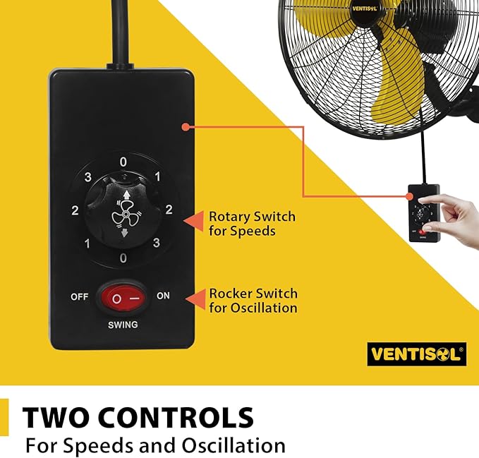 VENTISOL 18 Inch 3-Speed High Velocity Oscillating Wall Fan, 4,200 CFM, 90-Degree Oscillation for Household, Workshops, Shops, Commercial, Patios