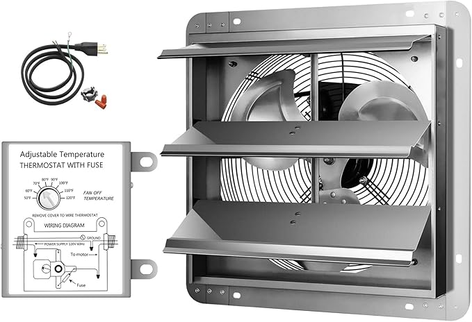 iPower 14 Inch Wall Mounted Shutter Exhaust Fan with Temperature Controller and Power Cord Kit, Aluminum, 1600 RPM, 1000 CFM, for Attic, Garage, Louvered Vent, Plant, Greenhouse, Silver