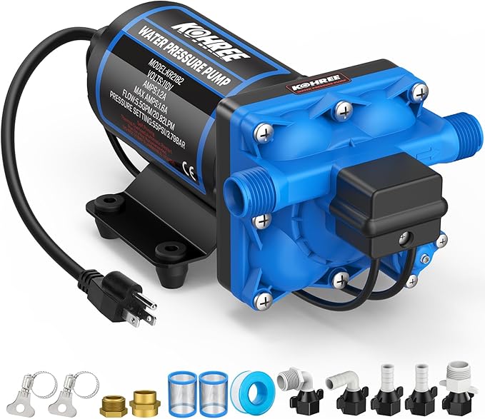 Kohree 110V AC Water Pressure Pump, 5.5GPM 55 PSI, On Demand Self-priming RV Fresh Water Pump, 4-Chamber Diaphragm Pump with Pressure Switch and Strainer for RV, Marine, Garden, Kitchen, Bathroom