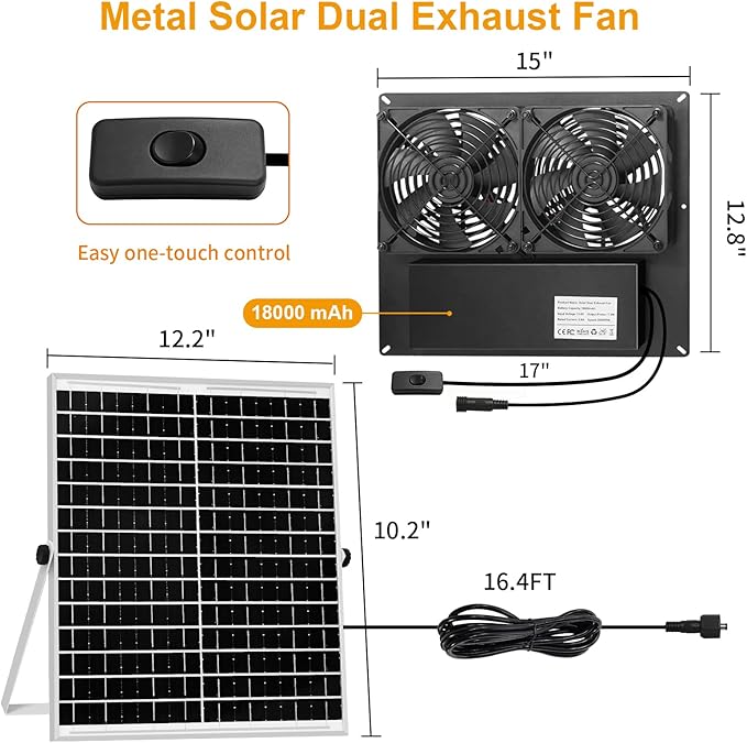 Metal Solar Dual Fan with Battery Day & Night Work Fans, 25W Solar Exhaust Fan for Chicken Coop with 18000mAh Battery, Outdoor Waterproof Greenhouse Solar Powered Fan for Shed, Pet Houses, Ventilation