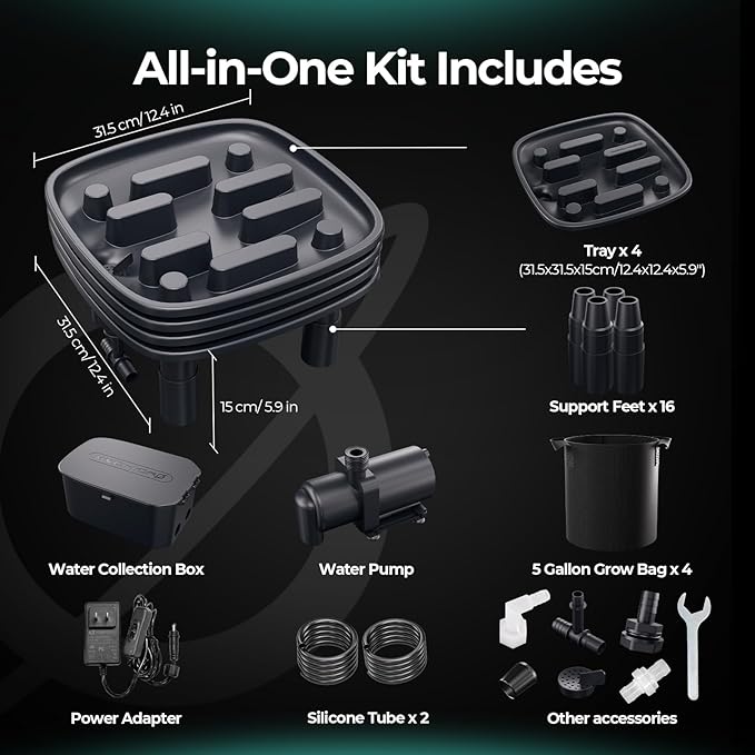 MARS HYDRO Auto Drainage System with Water Pump, 4 Elevated Runoff Trays & 4-Pack 5 Gallon Grow Bags, Plant Drainage Saucers for Indoor Plants Grow Tents