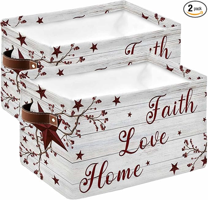 Wooden Grain Storage Bins Cubes Waterproof Cloth Storage Basket, Red Country Texas Star Branches Berry Foldable Storage Bags for Shelf Closet Clothes Storages Organizers with Handles 15x11x9.5 in 2PCS