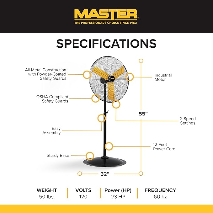 Master 24 Inch Oscillating Industrial High Velocity Pedestal Fan - Use for Shop, Garage or Warehouse, All-Metal Construction with OSHA-Compliant Safety Guards, 3 Speed Settings (MAC-24POSC)