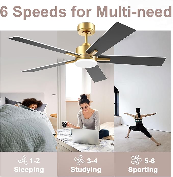 Lorpies 52” Smart Ceiling Fan with LED Lights Remote,Quiet DC Motor,Voice Control via Alexa Google WIFI Phone,Outdoor Indoor Modern Ceiling Fans,Dimmable,for Bedroom Patio Porch,Gold and White Black