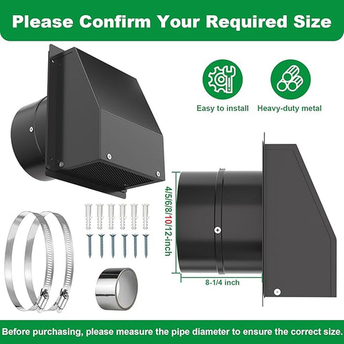 10 Inch Hooded Wall Vent with Screen and Damper, Outdoor Wall Exhaust Vent Cover Cap for Residential Housing Kitchen Rangeand Outside Air Exhaust, Galvanized Steel,Widely Applicable, Black