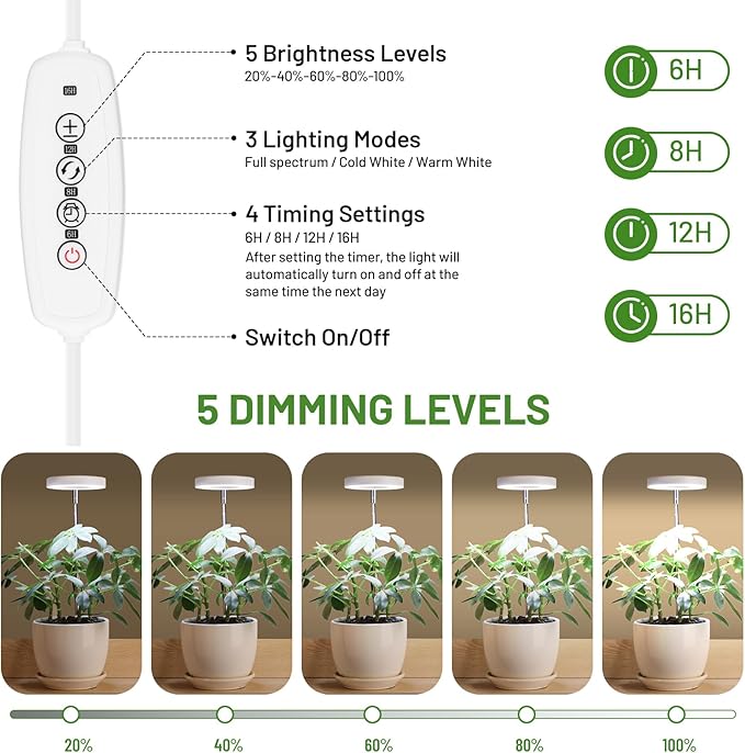 LBW Grow Light for Indoor Plants, Height Adjustable Plant Grow Lamp with Auto On/Off Timer 6/8/12/16H, 3 Colors,5 Dimmable Brightness, for Small Plants, White, 5 Packs