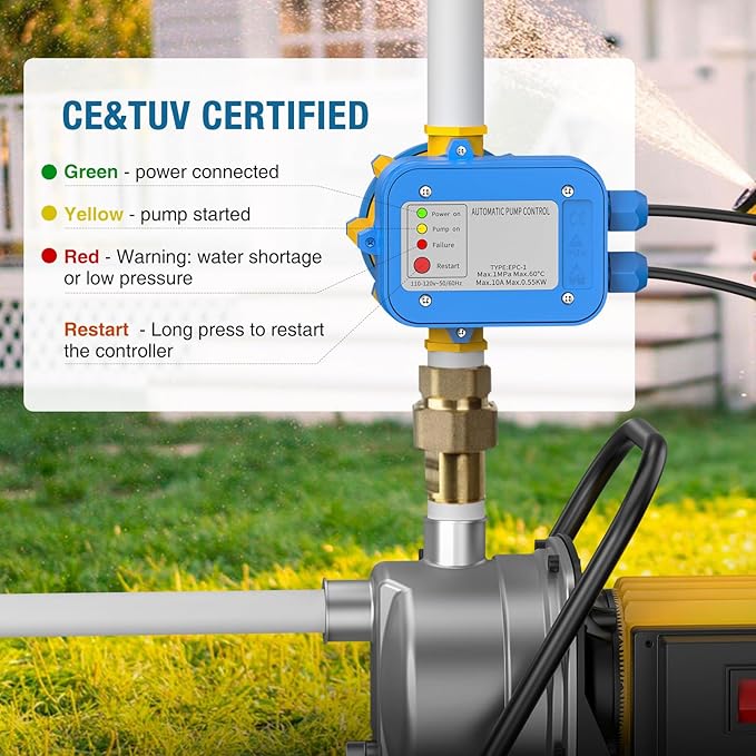 Smart Pressure Switch for Well Pump, Automatic Water Pumps Switch, Dry-running Protection for Submersible/Shallow Well/Garden/Jet/Self-priming Pump, Power&Pump Cable Included, 110V-120V