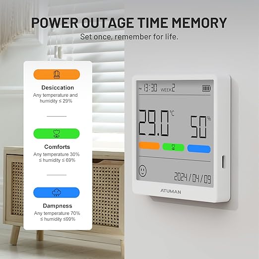 ATuMan THse Digital Thermo-Hygrometer with High-Precision Sensor, 4.3'' Large LCD Display & Long Battery Life - Indoor Temperature Humidity Monitor for Home, Office, Greenhouse