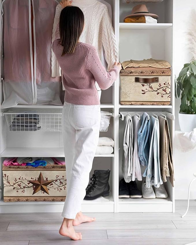 Farmhouse Texas Star Brown Storage Bins Cubes Waterproof Cloth Storage Basket, Berry Vintage Wooden Foldable Storage Bags for Shelf Closet Clothes Storages Organizers with Handles 15x11x9.5 in 2PCS