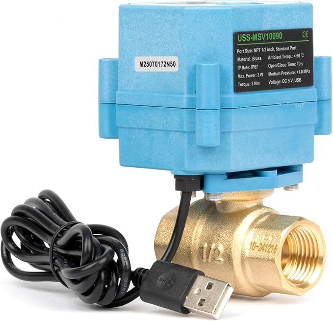 U.S. Solid WiFi Smart Motorized Ball Valve 1/2 inch NPT for Water Control & Irrigation, 2 Way Brass Electric Valve, USB Powered, LED Status Indicator, Flow Direction Window, Remote On/Off Control