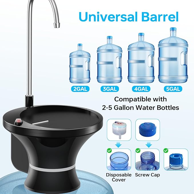 Drinking Water Dispenser Pump, Automatic Electric Drinking Water Bottle Pump for 2-5 Gallon Water Jugs, USB Rechargeable with 2 Switch Control, Stable and Portable for Home, Kitchen, Office, Camping