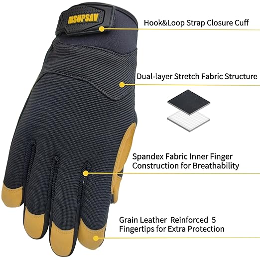 All-Purpose Work Gloves,Performance Fit Mechanics Glove,Grain Leather Knuckles Working Glove,Durable,Black+Yellow,Medium