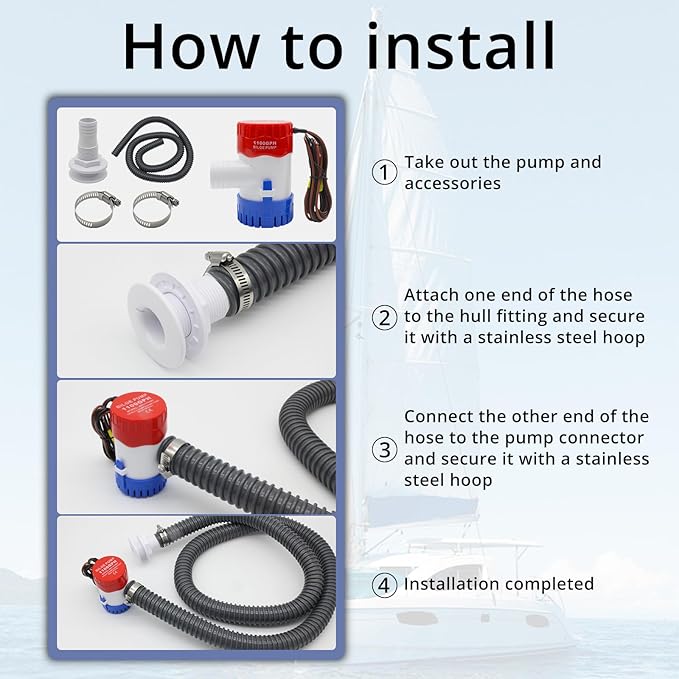 HXH 12V 1100GPH Bilge Pump with Hose Kit for Boats, Includes Thru-Hull Fitting, 2 PCS Stainless Steel Hose Clamps,1-1/8 Inch Flexible PVC Hose