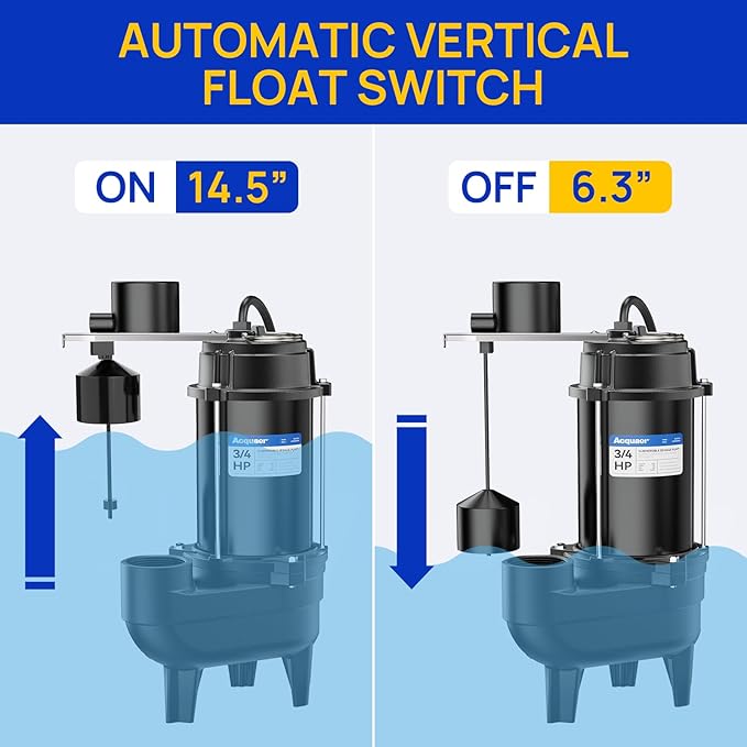 Acquaer Sewage Pump Submersible Water Pump with Automatic Float Switch, for Sump Basin, Residential Sewage, Black, 2'' NPT 3/4 HP 6400 GPH Vert. Float