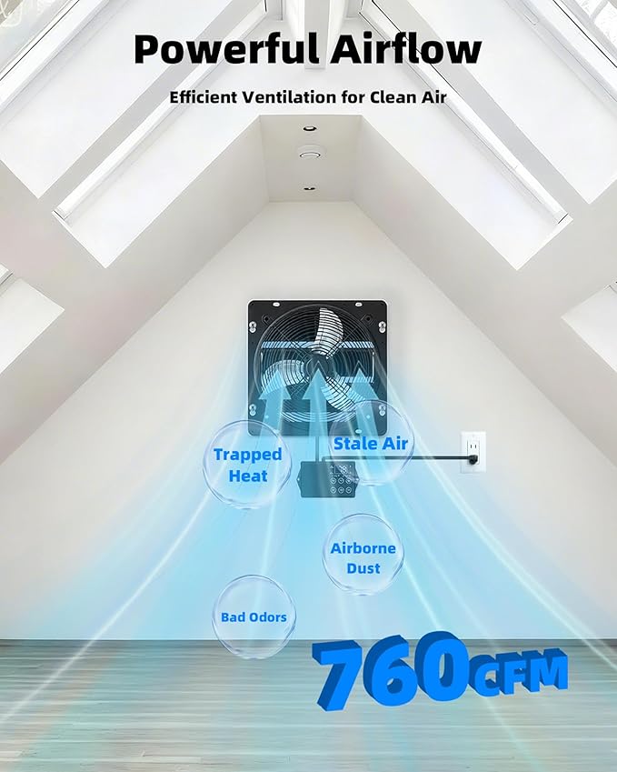 8 Inch Upgraded Shutter Exhaust Fan with Thermostat & Remote Control, Automatic On/Off by Temperature, 760 CFM Wall Mounted Garage Fan for Attic, Greenhouses, Sheds, Chicken Coops & Shops