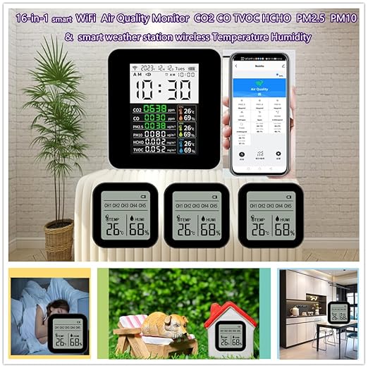 16-in-1 Smart WiFi Air Quality Monitor CO2 CO TVOC HCHO PM2.5 PM10 & Weather Stations Wireless Indoor Outdoor Thermometer with Multiple sensors,Air Quality Tester for Bedroom, Smart Home 2CO15-3