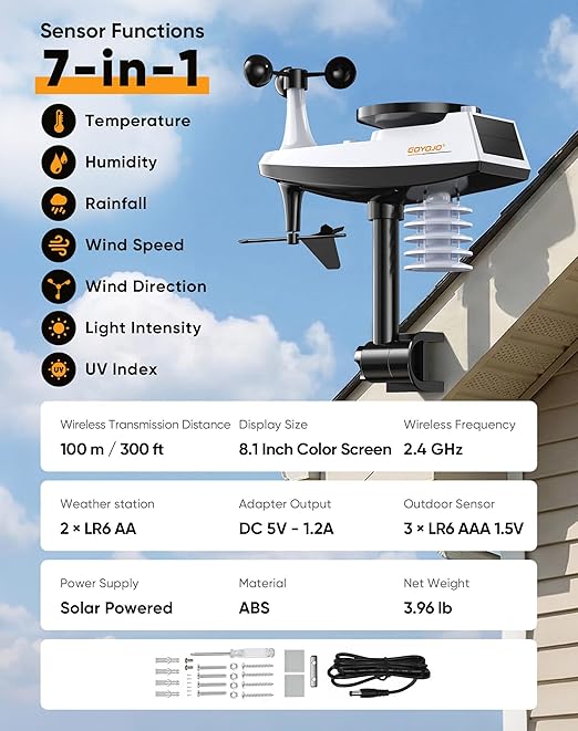 WiFi Weather Station with 7-in-1 Outdoor Sensor, Large Full-Color LCD, Indoor Outdoor Temperature & Humidity, Wind Speed/Direction, Rainfall, UV Index, Barometric Pressure, 433MHz, 300ft Range, App