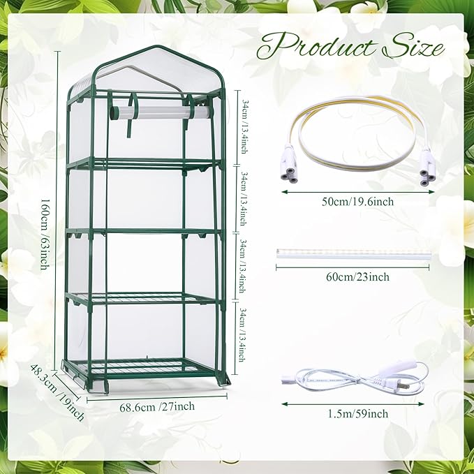 Baquler 4 Tier Mini Greenhouse Indoor Outdoor with 2 Grow Lights, 62'' H x 27'' L x 19'' W PE Cover Portable Vented Greenhouse with Roll up Zipper Door Gardening Stand for Plant Seed Starting (White)