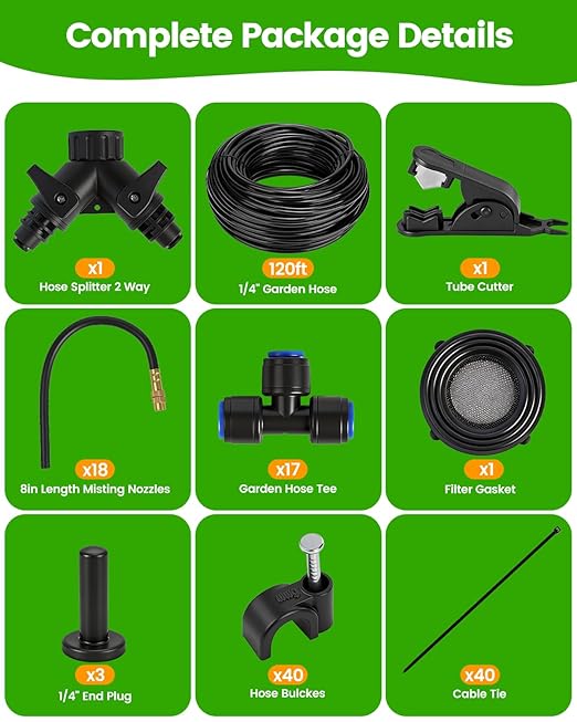 120FT Drip Irrigation System for Garden with 18 Nozzles –360° Adjustable Misting Nozzles, Quick-Connect Design, Ideal for Raised Beds, Lawns, Greenhouses & Outdoor Cooling