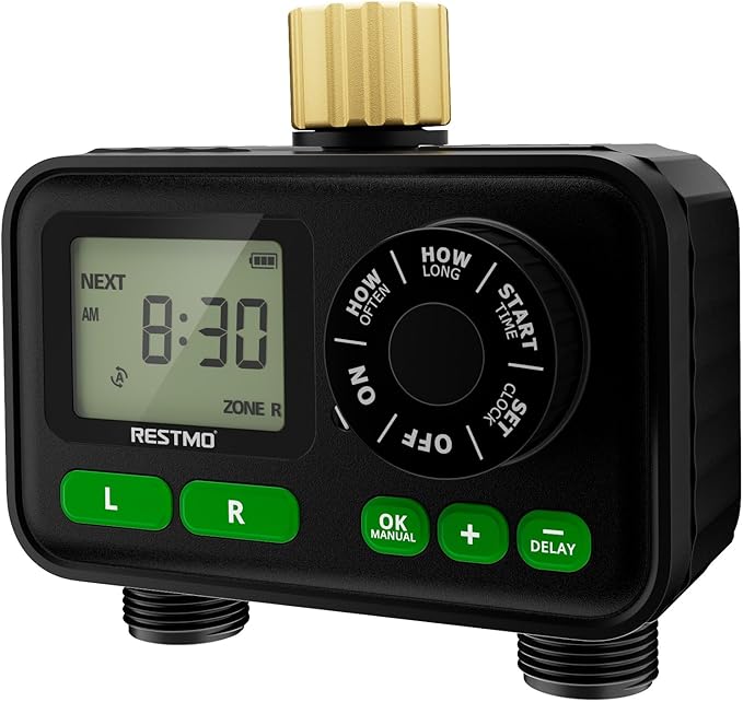 RESTMO Sprinkler Timer for Outdoor Hose Faucet 2 Zone, Up to 11h59m Programmable Watering Timer for Soaker Hose, Misting with Brass Inlet & Large Dial, Rain Delay/Manual/Automatic Irrigation System
