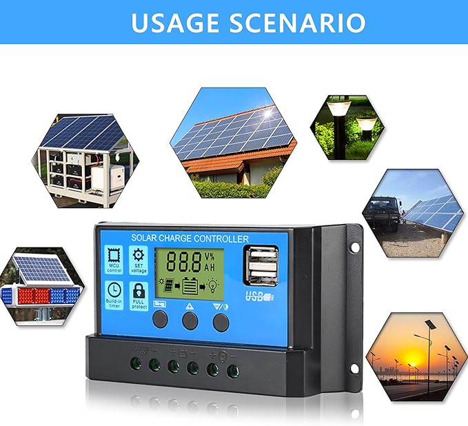 30A Solar Charge Controller, 12V/24V Dual USB Solar Panel Battery Intelligent Regulator with LCD Display, PWM Auto Parameter Adjustable, Timer Setting, Multiple Load Control Modes