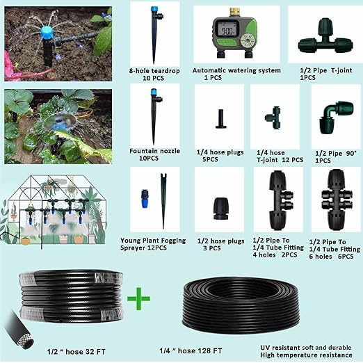Drip Irrigation System with Water Timer for Garden,Main ID 1/2inch 32Ft and 1/4inch 136Ft Water Hose, 2-Zone Watering System Sufficient Water Pressure, Irrigation Dripper Waterflow Evenly Easy DIY