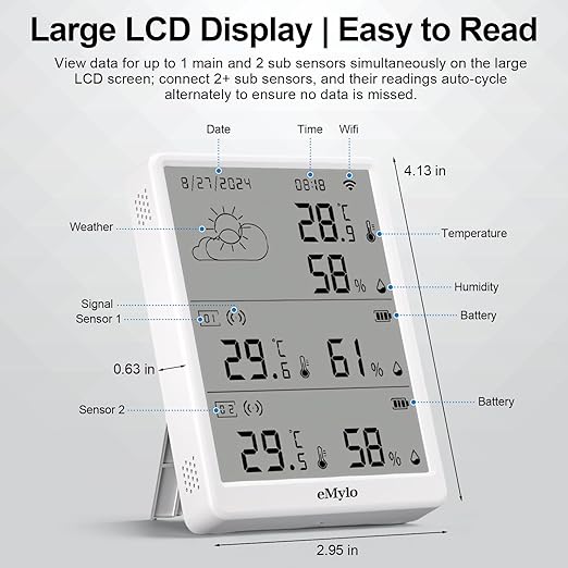 eMylo WiFi Thermometer Hygrometer 3 Pack, Smart Digital Indoor Temperature Humidity Monitor 328Ft Rang with 2 IP65 Outdoor Wireless Sensors, App Alerts, Free Data Storage Export, for Home, Greenhouse