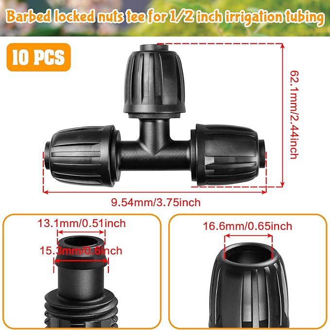 Gardrip Drip Irrigation Fittings for 1/2 Inch Drip Tubing (1/2" ID x 0.65" OD)：1/2'' Drip Line Tees Anti-drop Locked Nut Barbed Tee Connectors Garden Irrigation System Parts (10 Pack)