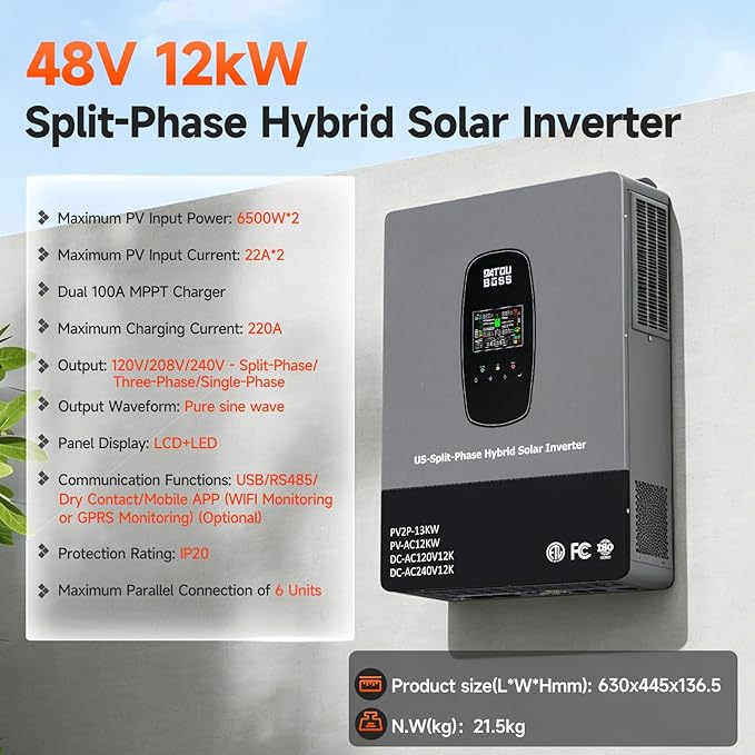 DATOUBOSS 12000W Hybrid Solar Inverter, 48V DC to110V/240V AC Split-Phase Inverter, Built-in 2 MPPT Solar Controllers, Pure sine Wave, Max Charging Current 220A,500V PV Input, Max. 6 Parallel