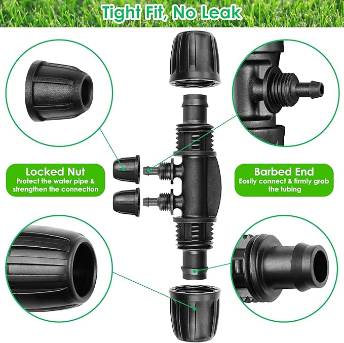 JAYEE Drip Irrigation Fittings, 12 Pcs Lock Barbed Four Way Connectors for 1/2 to 1/4 Inch Vinyl Tubing, Drip Line Parts 4-Way Tees Irrigation Connectors for Drip Sprinkler Garden Lawn Systems