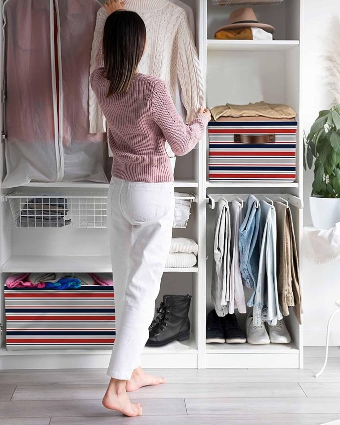 Red Navy Blue Striped Storage Bins Cubes Waterproof Cloth Storage Basket,Farmhouse Stripes Modern Abstract Art Foldable Storage Bags for Shelf Storages Organizers with Handles 15x11x9.5 in 1PCS