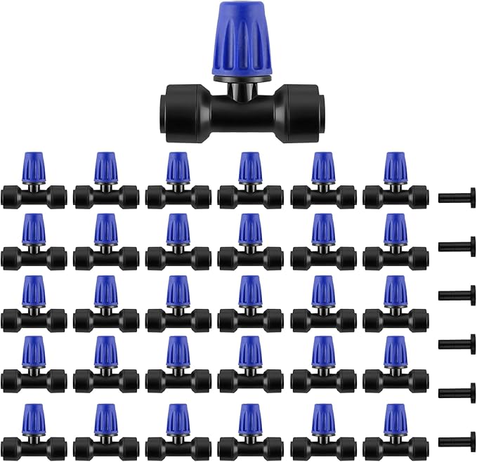 Kalolary 30Pcs Push-to-Fit Drip Irrigation Spray Emitters for 1/4" Tubing,Three-Way Adjustable Atomizing Nozzle Micro Irrigation Dripper Sprinklers with 6PCS End Plugs for Irrigation System(Blue)