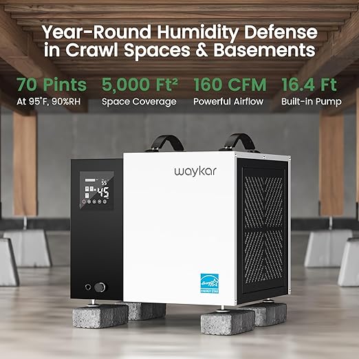 Waykar 70 Pint Energy Star Crawl Space Dehumidifier with Pump, Commercial Dehumidifier for Basements and Home, for Spaces up to 5000 Square Feet, Smart Humidity Control - 5-Year Quality Coverage