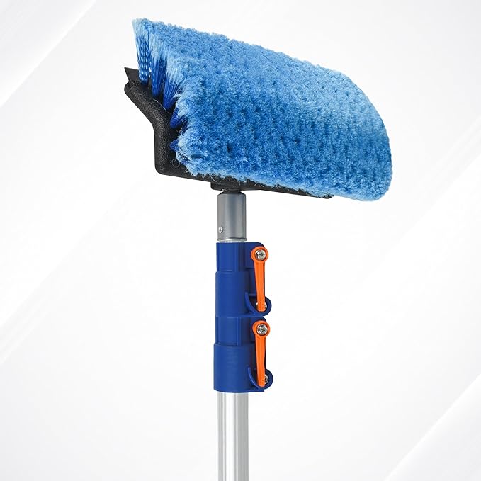 20 FT Exterior House Cleaning Brush Set with 5-12 Foot Telescoping Extension Pole, Soft Scrub Car Wash Brush, Medium Bristle Cleaning Brush and Window Squeegee & Washer