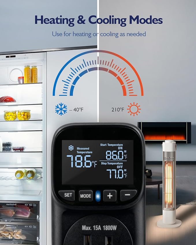 Temperature Controlled Outlet, Heavy Duty 15A 1800W Heating Cooling Thermostat Plug Outlet, -40℉~210℉ LCD Display Plug in Thermostat for Heater Greenhouse Incubator Homebrew Heat Lamp