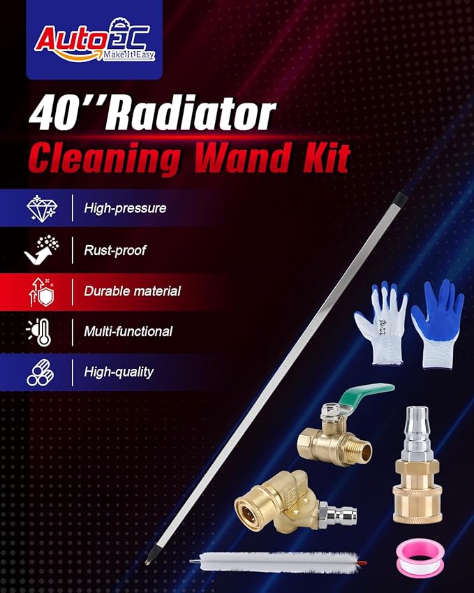 AutoEC 40" Radiator Cleaning Wand for Cars, 4500 PSI Stainless Steel Water/Air Cleaning Wands Kit with 180° Swivel Joint & Cleaning Brush for Trucks, Heavy Equipment