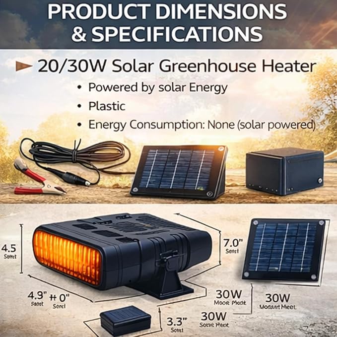 Solar Heater for Greenhouse, Solar Heater for Chicken Heater, Solar Powered Heater for Outdoor Use, Dog House, Shed, Pet Shelter - Smart Thermostat, Weather-Resistant, Easy Mount (Black-20W)