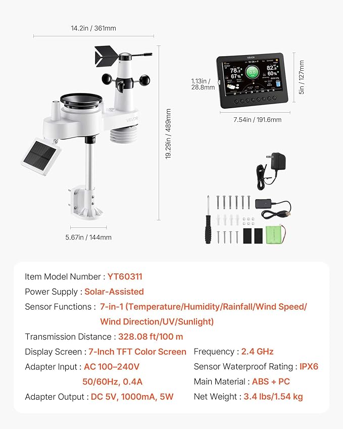 VEVOR 7-in-1 Wi-Fi Weather Station, 7-Inch TFT Display, Wireless Solar Powered Outdoor Sensor, Rain Gauge, Indoor Outdoor for Weather Forecast, Wind Speed Direction, Temperature, Humidity, Rainfall