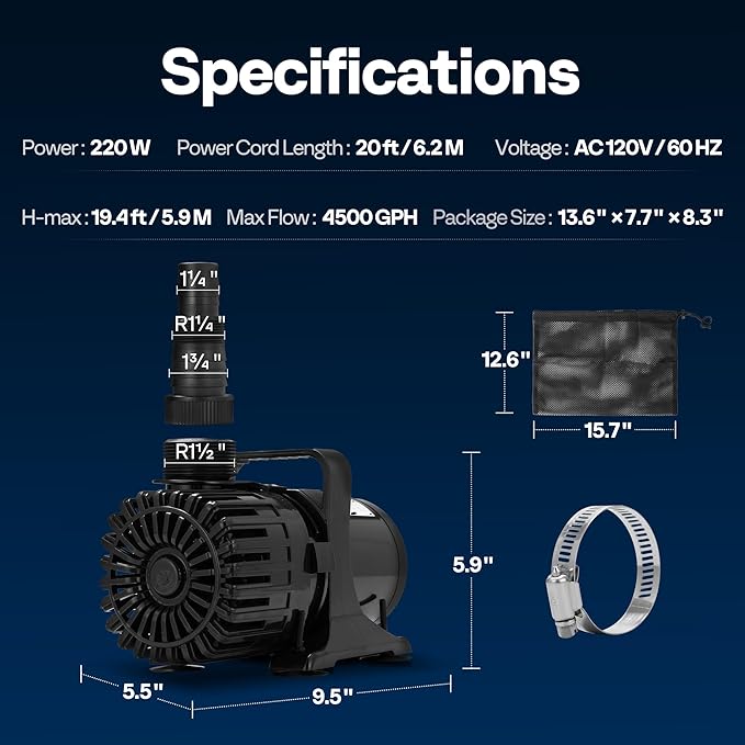 VIVOHOME 220W 4500GPH Submersible Water Pump with 180° Adjustable Water Outlet, 19.4ft High Lift for Waterfall Fountains Fish Tank Pond