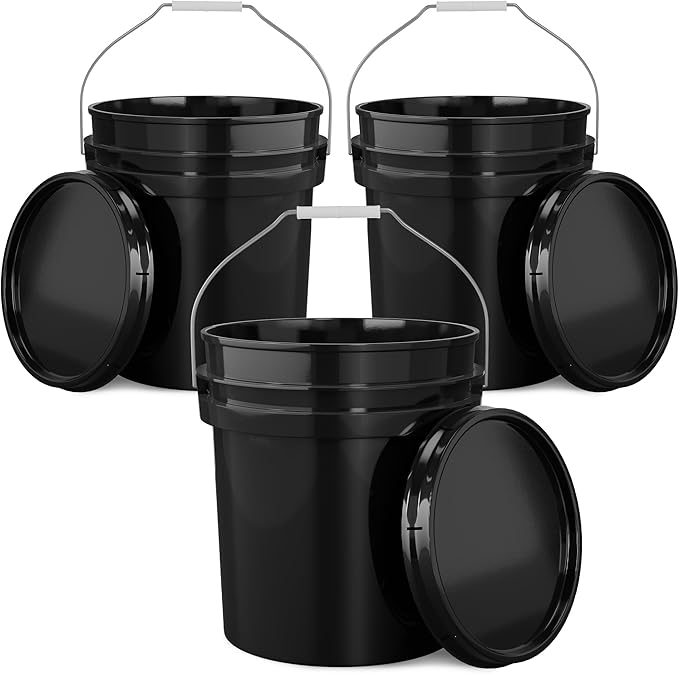 EconoHome 5-Gallon Black Bucket Pail Container with Lid | Metal Handles with Plastic Grip for Easy Carrying | Easy Stack and Store | Heavy-Duty Extra Durable | Food Grade | BPA Free - 3 Pack