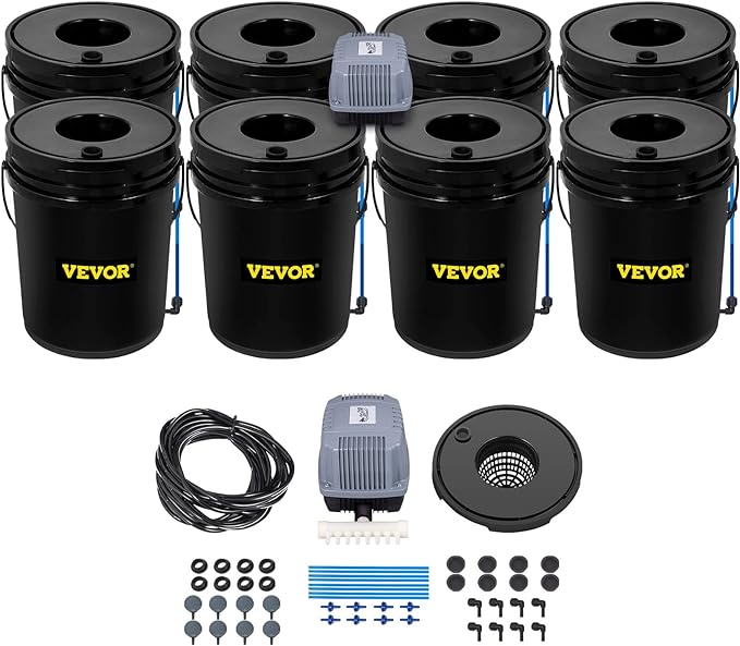 VEVOR DWC Hydroponic System, 5 Gallon 8 Buckets, Deep Water Culture Growing Bucket, Hydroponics Grow Kit with Pump, Air Stone and Water Level Device, for Indoor/Outdoor Leafy Vegetables